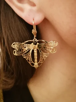 Boucles d'Oreilles Libellule Volant Dorées