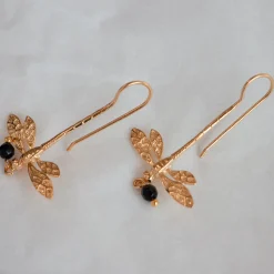 Boucles d'Oreilles Libellule Onyx Dorées