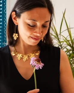 Boucles d'Oreilles Tige Feuilles de Figuier Dorées