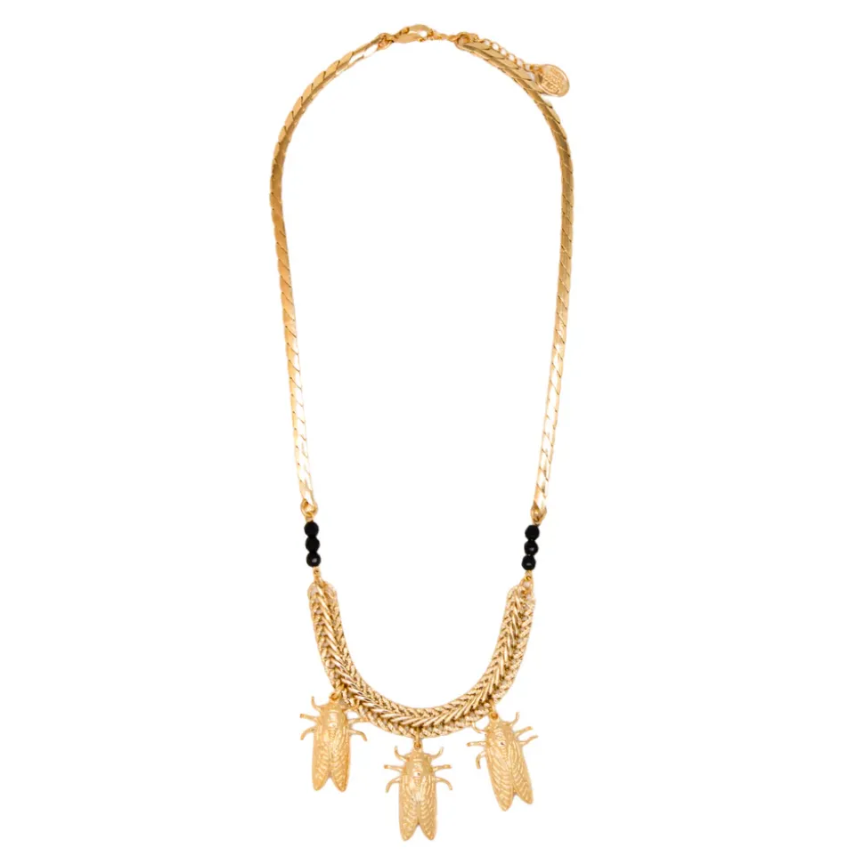 Collier Petite Cigale Cica doré et Onyx
