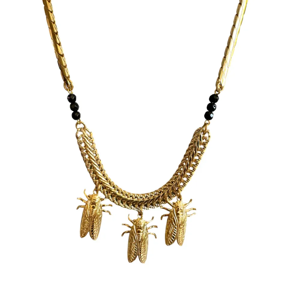 Collier Petite Cigale Cica doré et Onyx